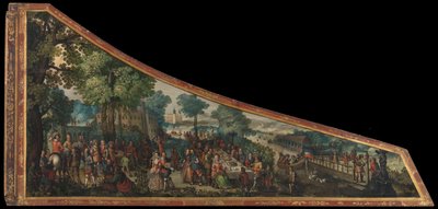 Schilderij op een klavecimbeldeksel met een feestmaal bij een rivier